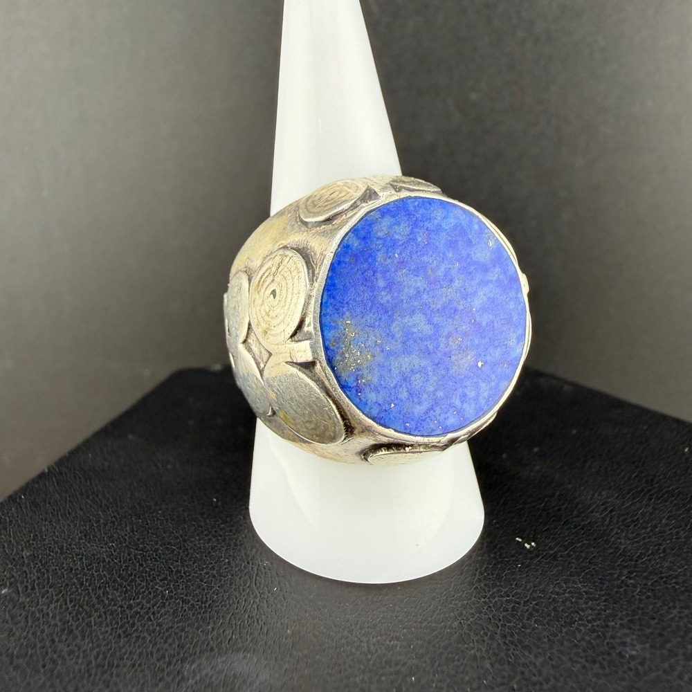 Vintage Ring Blue Stone Silver Tone Chunky Statement Geometric 9.75